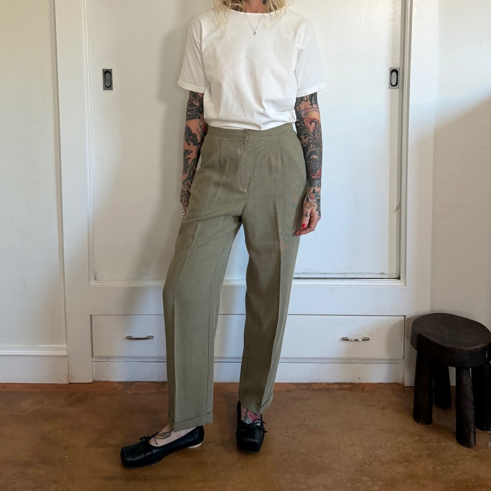 Vintage Norton Petite Trousers Olive Tan Micro Check High Waist Pleated Pant 10P